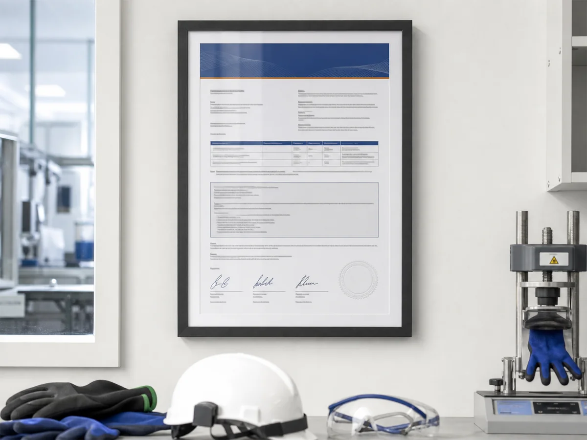 Demonstration product conformity document displayed in a PPE testing laboratory