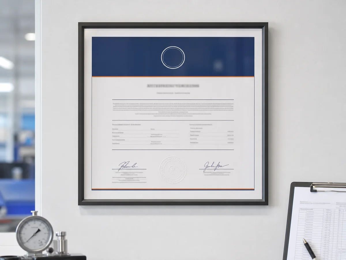 Demonstration quality management certificate displayed in a quality-control office