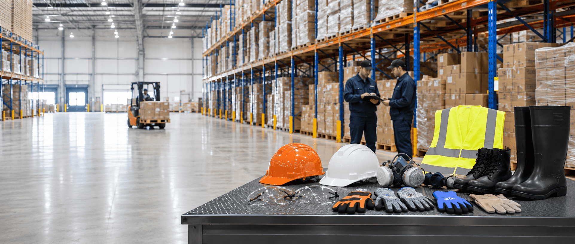 PPE warehouse and export logistics with a safety equipment display