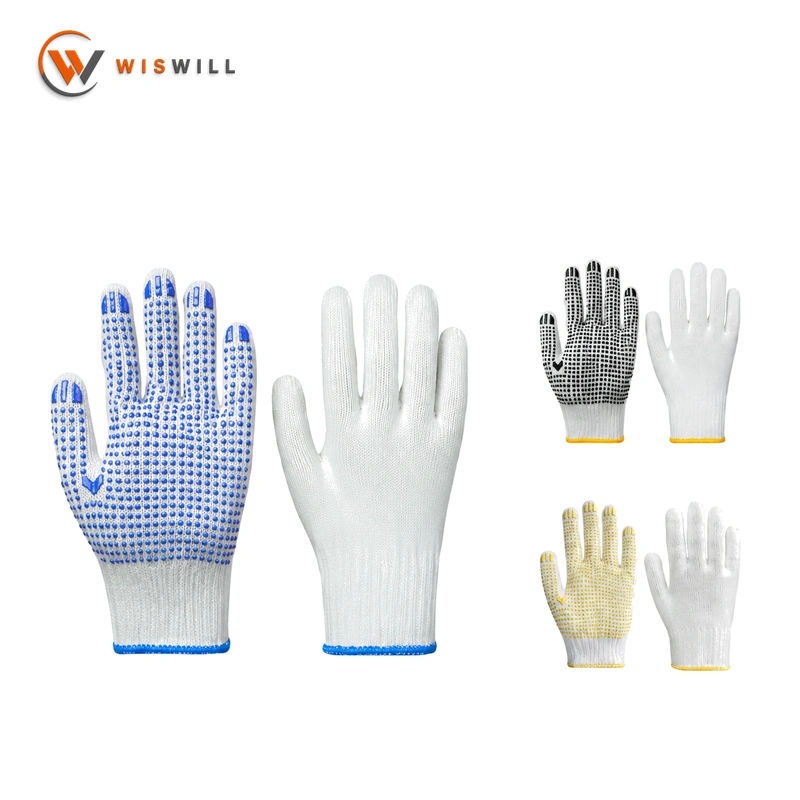 10 Gauge Natural White Cotton Yarn Gloves with Blue Single-Sided PVC Dots