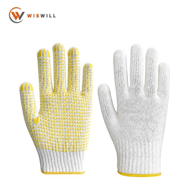 10 Gauge Bleach White Cotton Yarn Gloves with Blue Single-Sided PVC Dots