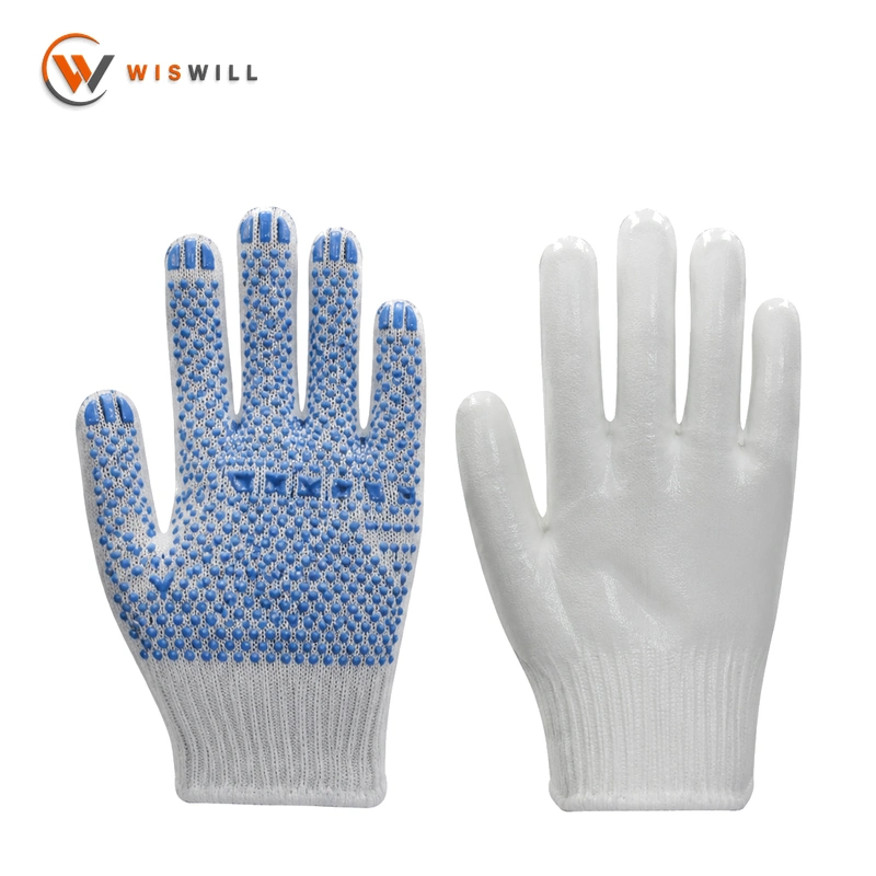 10 Gauge Natural White Cotton Yarn Gloves with Blue Single-Sided PVC Dots