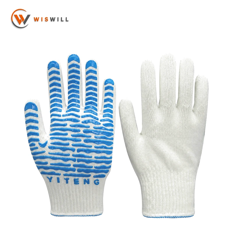 10 Gauge Natural White Waven Pattern Cotton Yarn Gloves with Blue Single-Sided PVC Dots