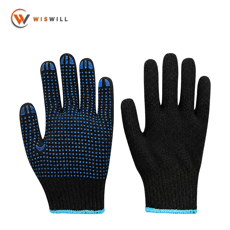 10 Gauge Dark Blue Cotton Yarn Gloves with Blue Single-Sided PVC Dots
