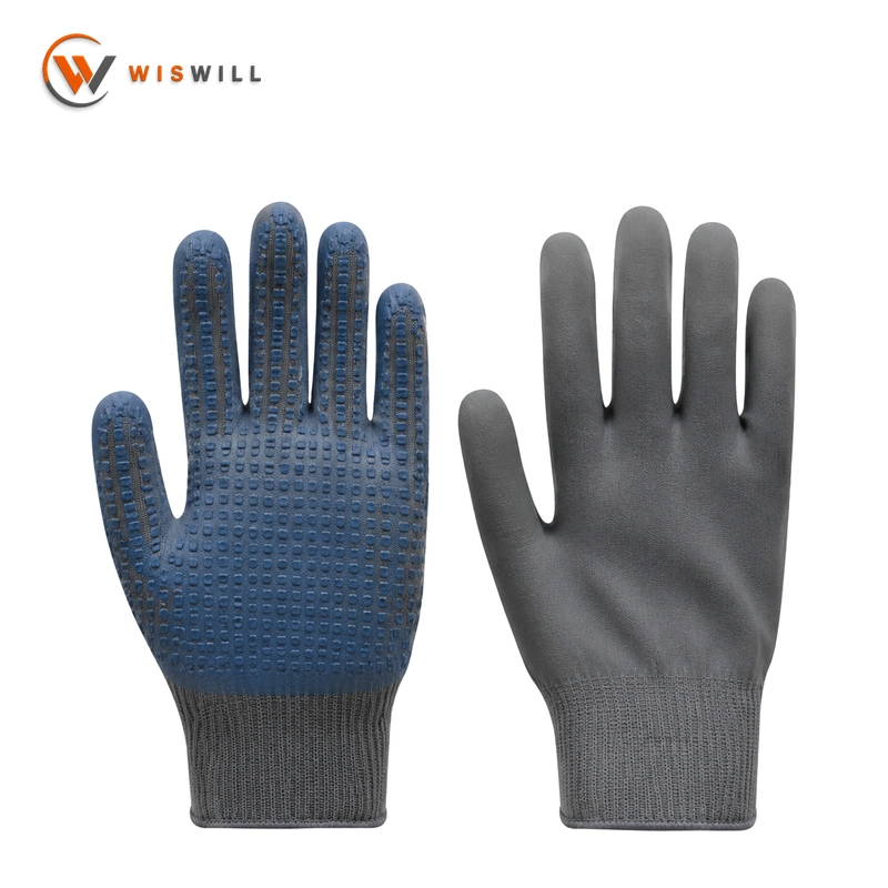 10 Gauge Grey Cotton Yarn Gloves with Blue Single-Sided PVC Dots