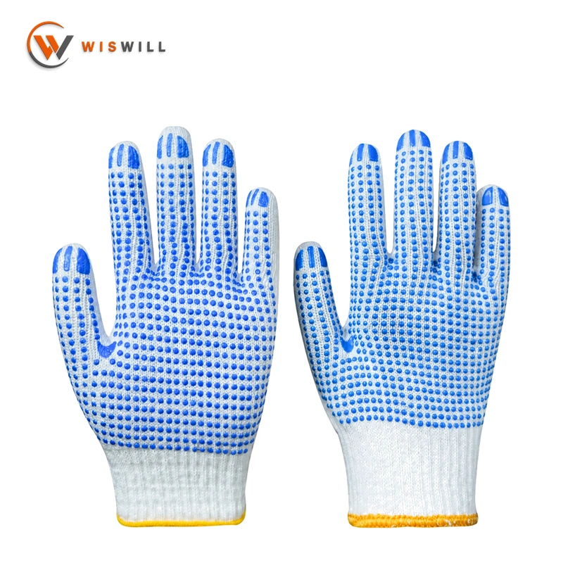 10 Gauge Natural White Cotton Yarn Gloves with Blue Double-Sided PVC Dots