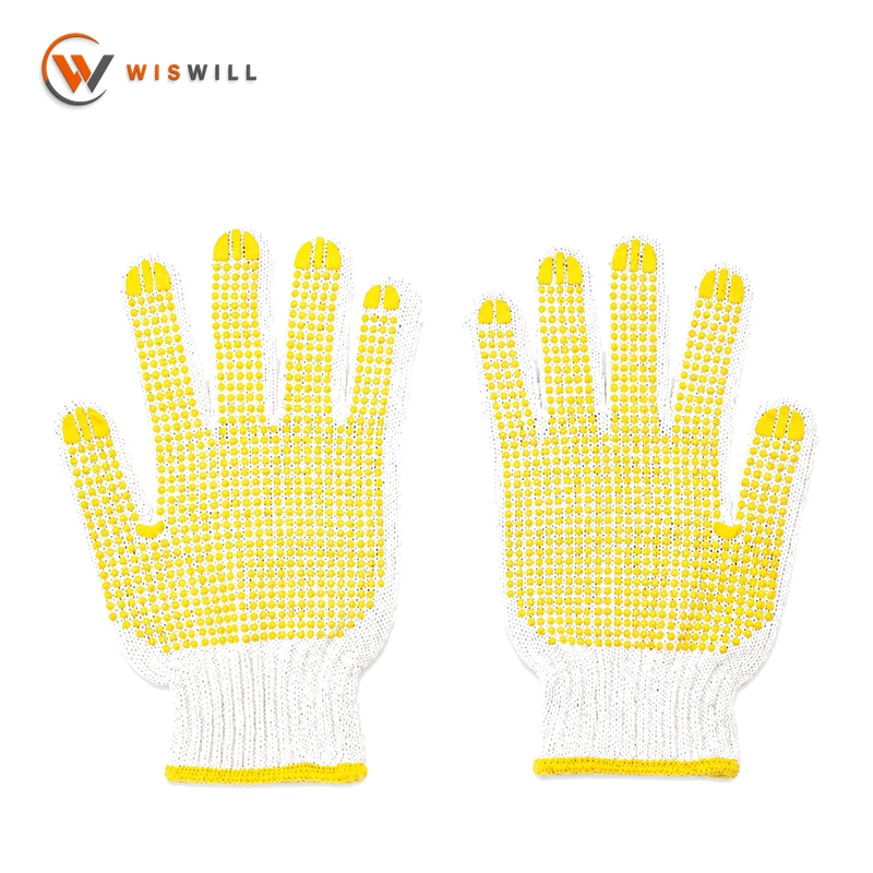 10 Gauge Bleach White Cotton Yarn Gloves with Blue Double-Sided PVC Dots