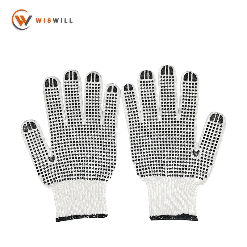 10 Gauge Pure White Cotton Yarn Gloves with Blue Double-Sided PVC Dots