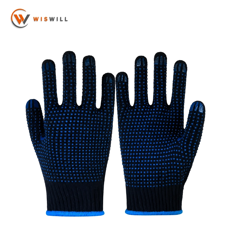 10 Gauge Dark Blue Cotton Yarn Gloves with Blue Double-Sided PVC Dots