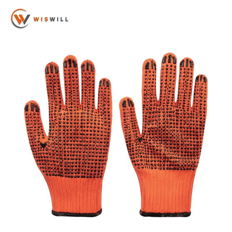 10 Gauge Orange Cotton Yarn Gloves with Black Double-Sided PVC Dots