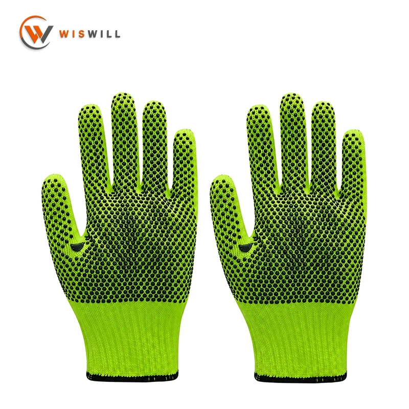10 Gauge Green Cotton Yarn Gloves with Black Double-Sided PVC Dots