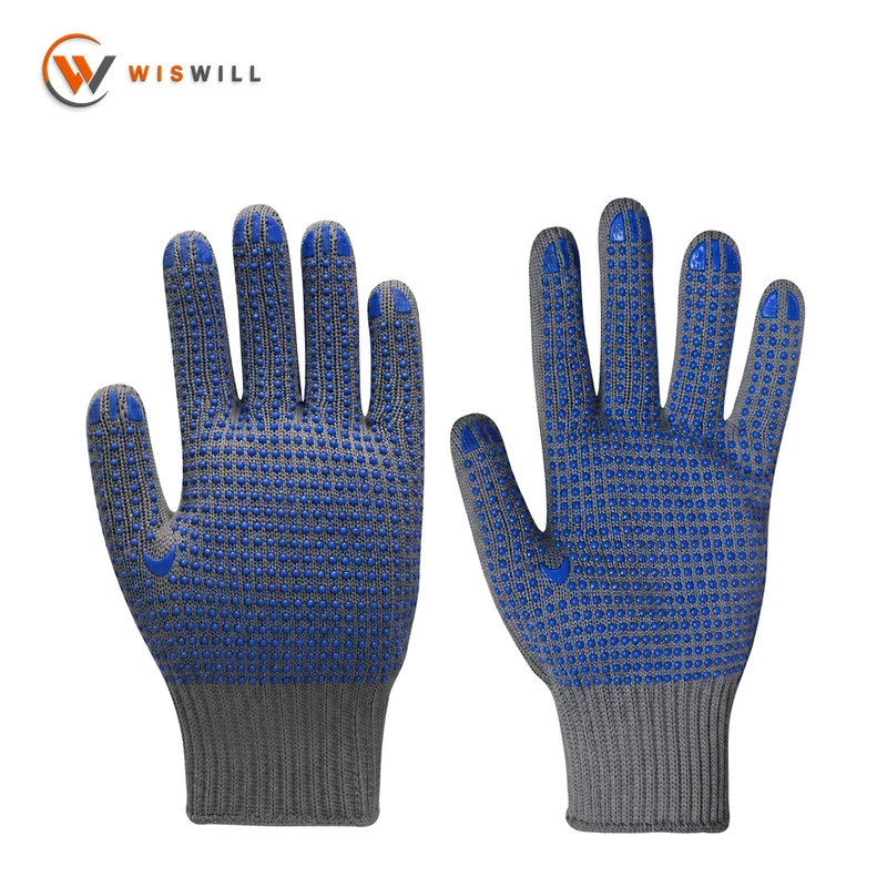 10 Gauge Grey Cotton Yarn Gloves with Blue Double-Sided PVC Dots