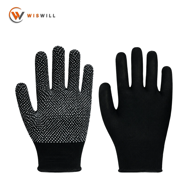 13 Gauge Black Nylon Gloves with White Single-Sided PVC Dots