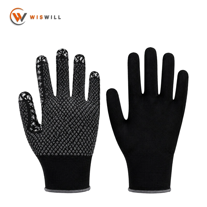 13 Gauge Reinforced Fingers Black Nylon Gloves with White Single-Sided PVC Dots