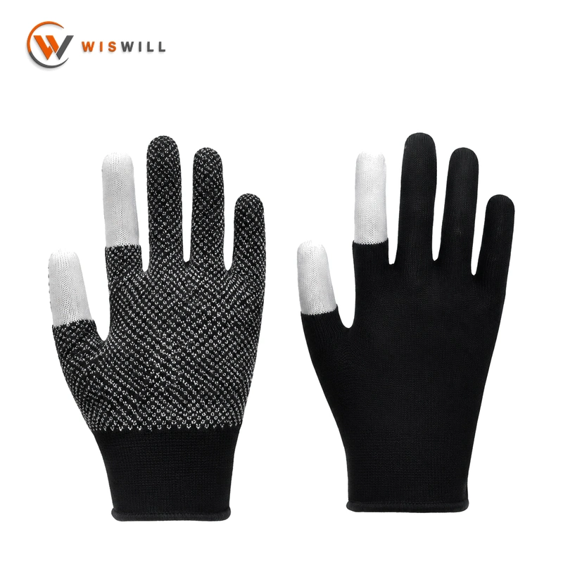13 Gauge Black Nylon Touchscreen Gloves (Thumb & Index Finger) with Single-Sided White PVC Dots