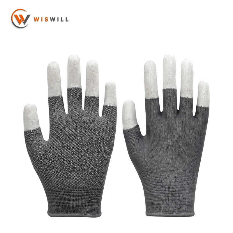 13 Gauge Grey Nylon Five-Finger Touchscreen Gloves with White Single-Sided PVC Dots