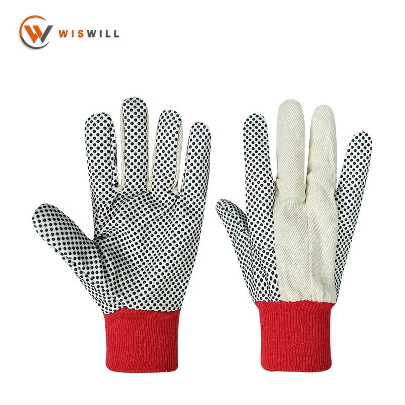 Red Ribbed Cuffs Cotton Gloves with PVC Dots