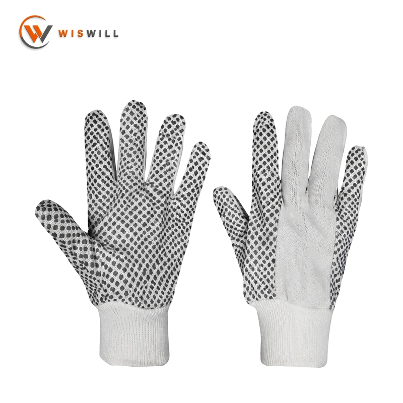White Ribbed Cuffs Cotton Gloves with PVC Dots