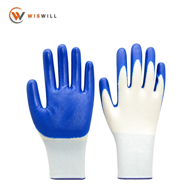 13gauge white poly blue nitrile coated gloves