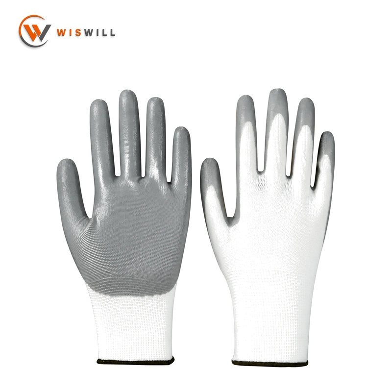 13gauge white poly grey nitrile coated gloves