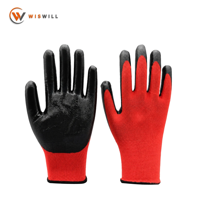 13gauge red poly black nitrile coated gloves