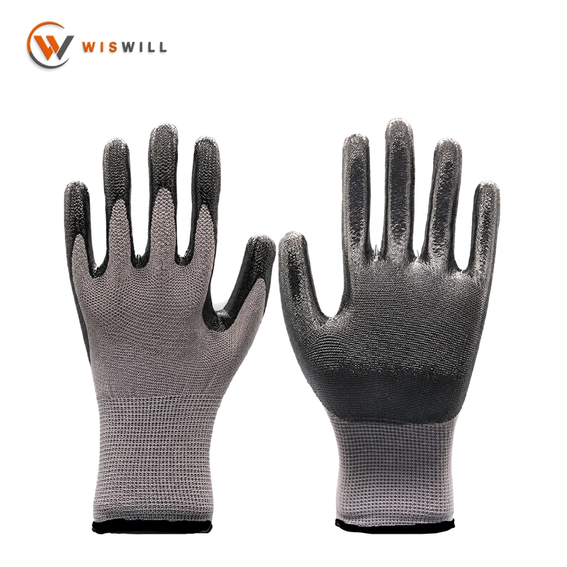 13gauge grey poly black nitrile coated gloves