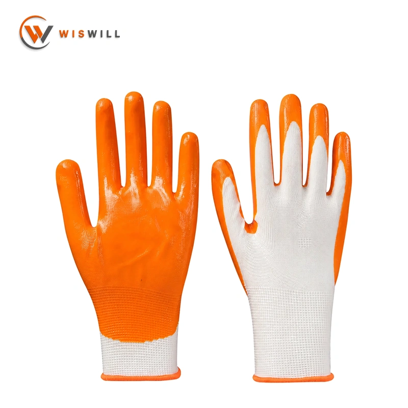 13gauge white poly orange nitrile coated gloves