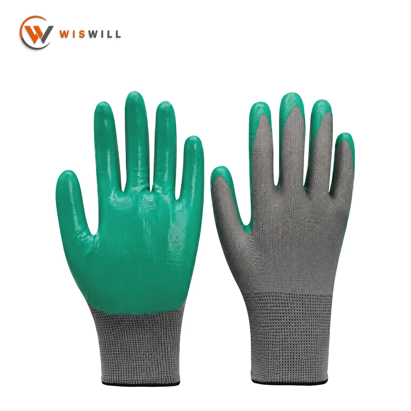 13gauge grey poly green nitrile coated gloves