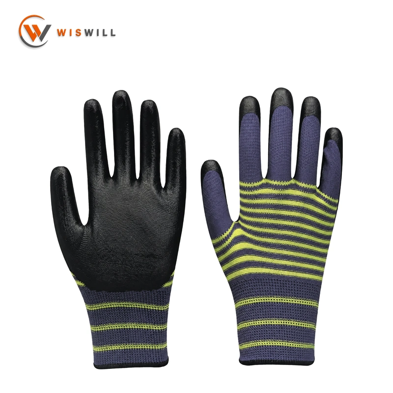 13gauge yellow+purple stripes poly black nitrile coated gloves