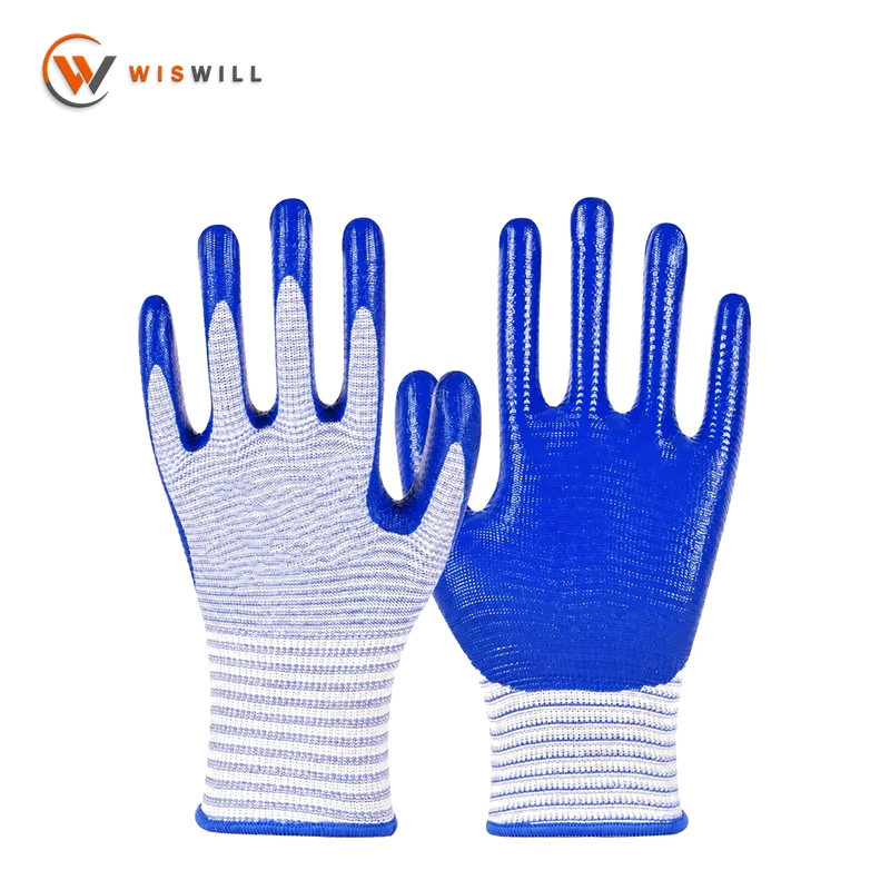 13gauge white poly blue zebra-stripes nitrile coated gloves