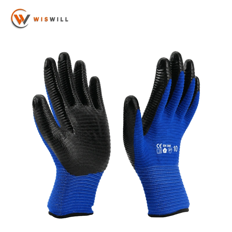 13gauge blue poly balck zebra-stripes nitrile coated gloves