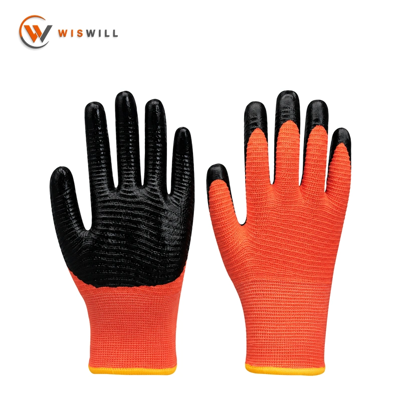 13gauge orange poly balck zebra-stripes nitrile coated gloves