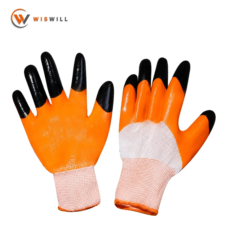 13gauge finger reinforcement white poly orange half-nitrile coated gloves