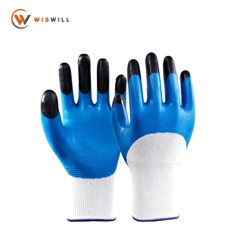 13gauge finger reinforcement white poly blue half-nitrile coated gloves