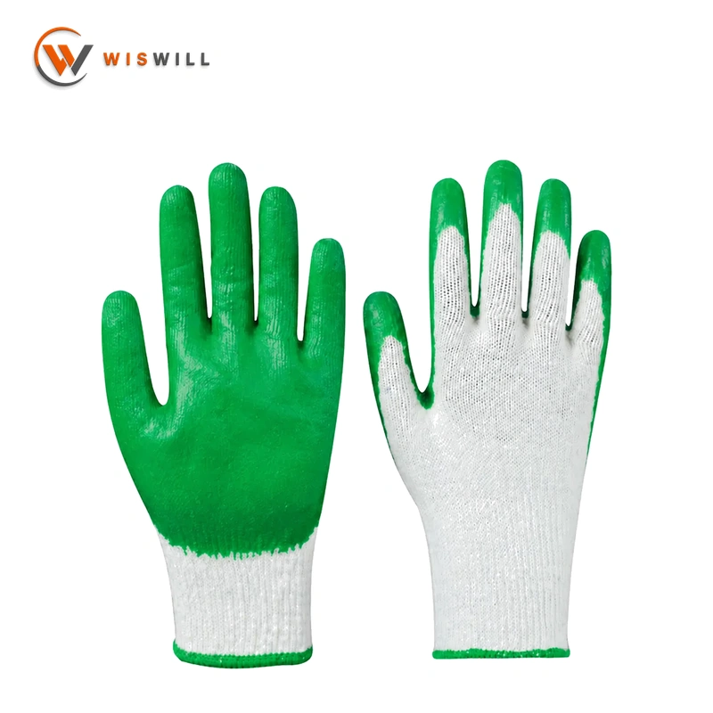 13 gauge white yarn green flat rubber gloves