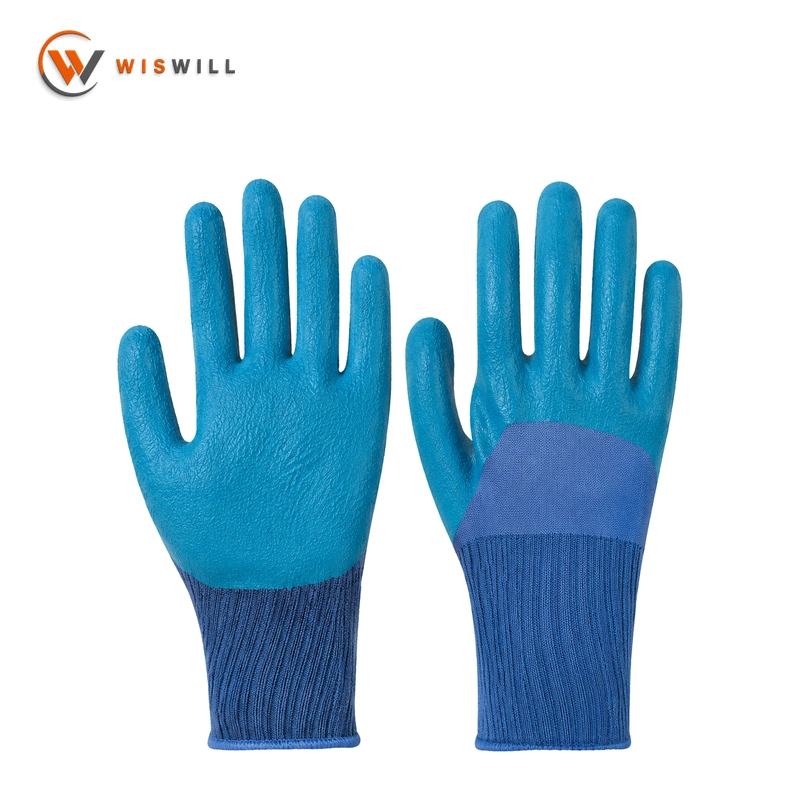13gauge blue poly blue embossed latex coated gloves