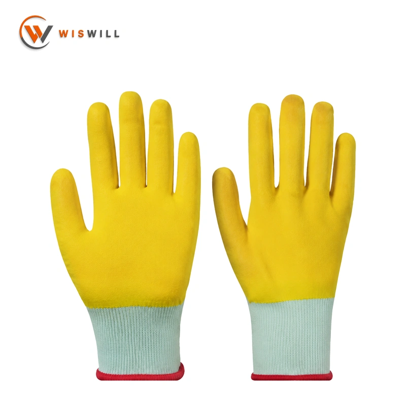 13gauge white poly yellow wavy grain latex coated gloves