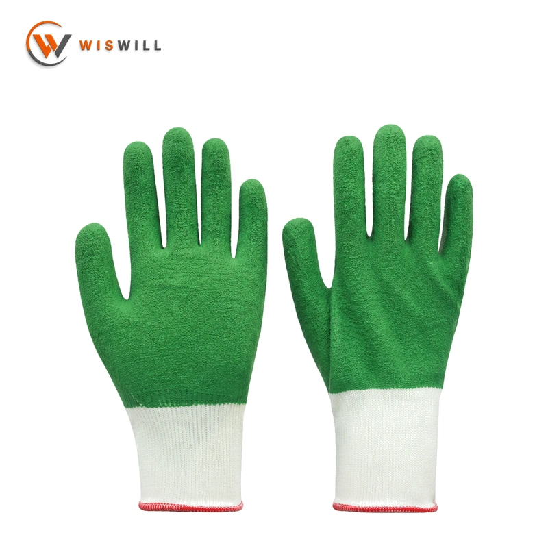 13gauge white poly green wavy grain latex coated gloves