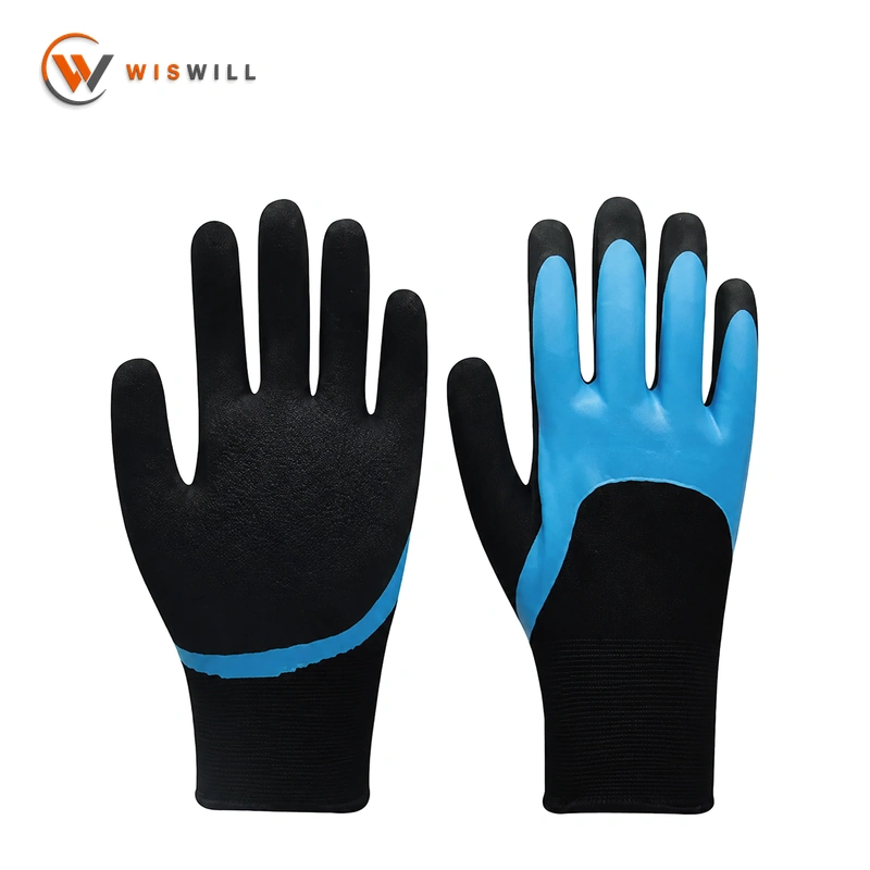 13 gauge black veil with blue waterproof black coating gloves