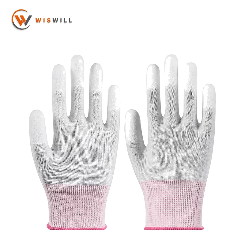 13 gauge White PU coated finger gloves