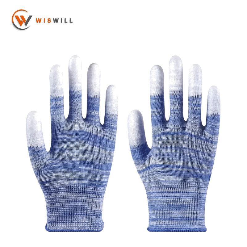 13 gauge blue and white PU coated finger gloves