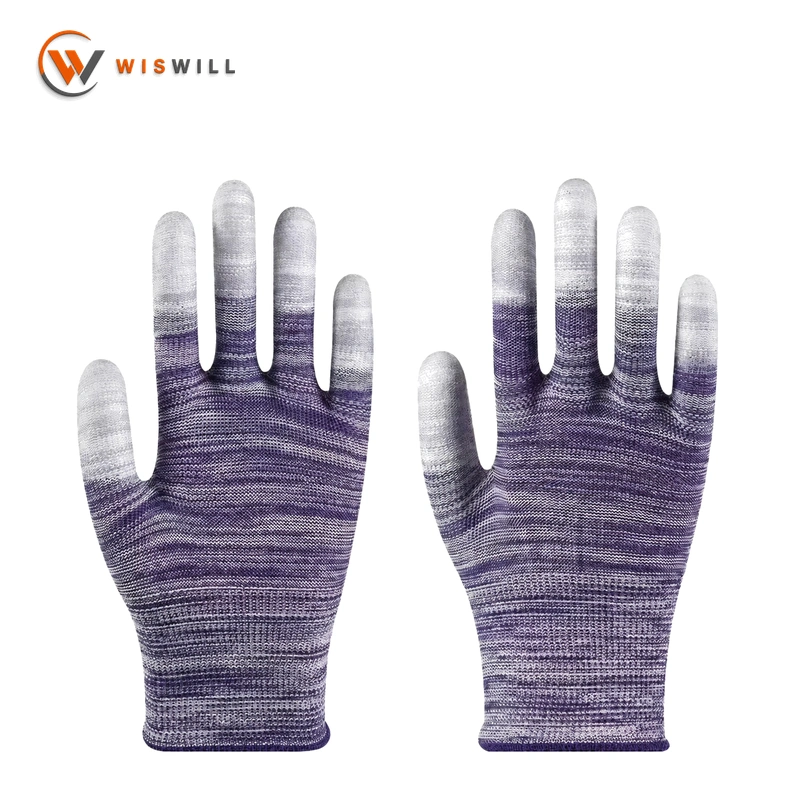 13 gauge purple and white PU coated finger gloves