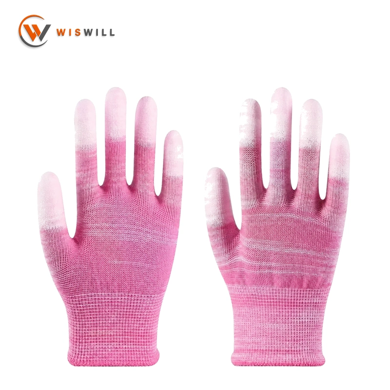 13 gauge pink and white PU coated finger gloves