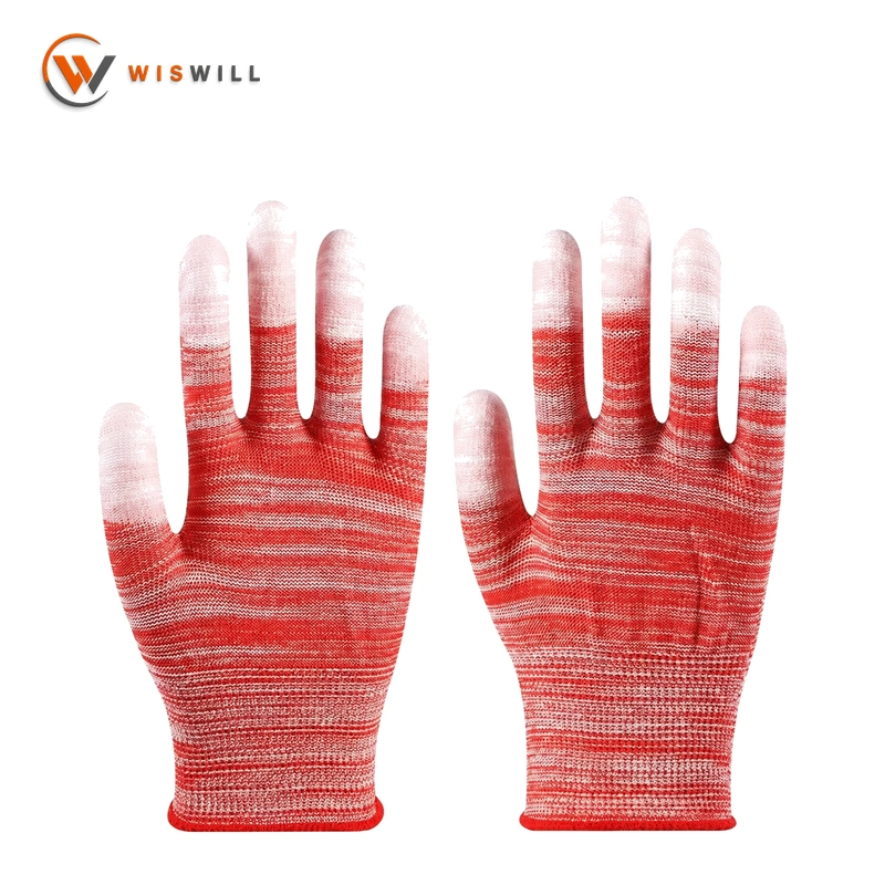 13 gauge red and white PU coated finger gloves