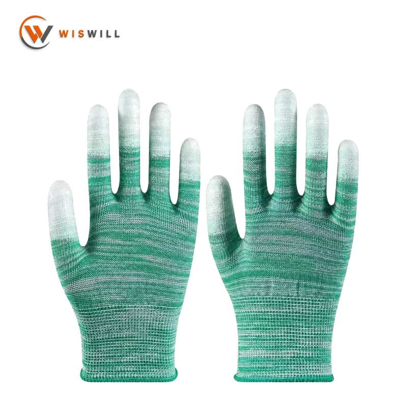 13 gauge green and white PU coated finger gloves