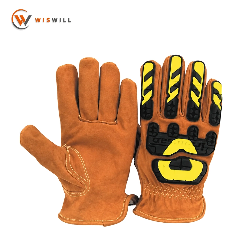 Yellow cowhide leather TPR gloves 10.5 inch