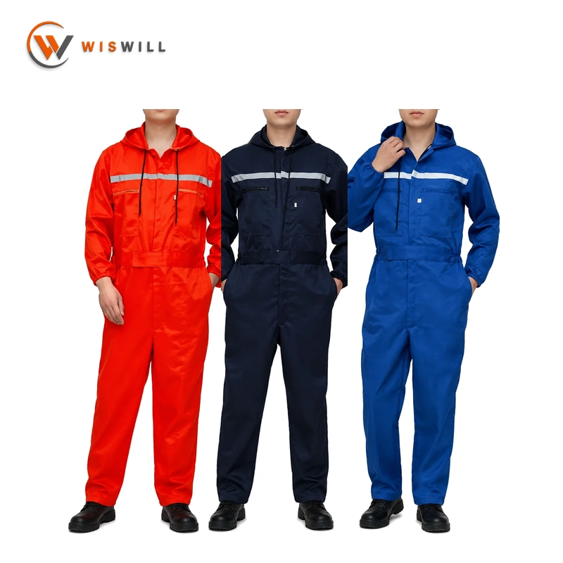 polyester coverall work clothes with hat shine blue/orange/navy blue